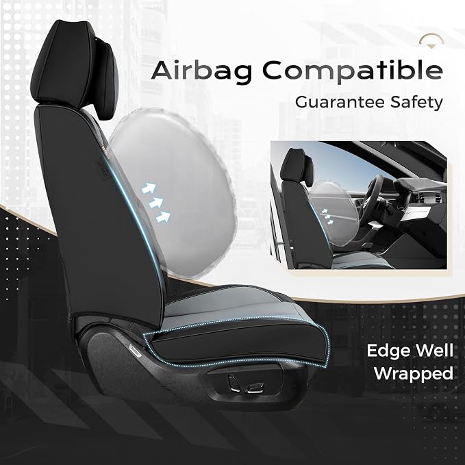 Coverado Seat Covers, Car Seat Covers Front Seats, Car Seat Cover, Car Seat Protector Waterproof, Seat Cushion Nappa Leather with Head Pillow, Carseat Cover Universal Fit for Most Cars (Black&Gray)