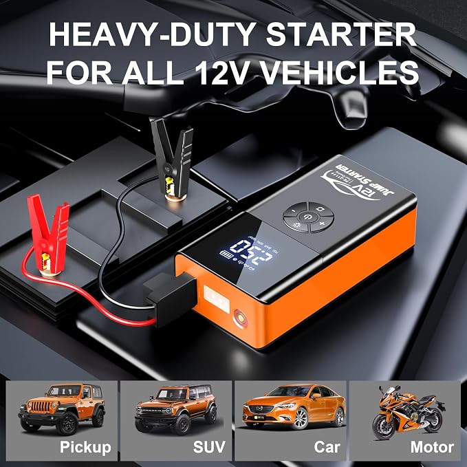 Jump Starter with Air Compressor, 8000A 180PSI, Portable Car Battery Jump Starter (All Gas/12L Diesel) 12V Automobile Jump Box Pack Chargers with Jumper Cables, 4-Mode LED Lights