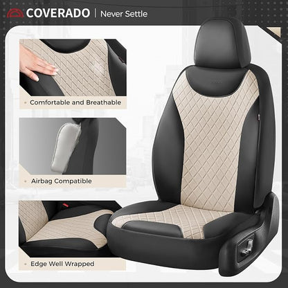 Coverado Front and Back Seat Covers, 5-Pack Universal Seat Covers for Cars, Leather & Fabric Splicing Design Car Seat Protectors, Waterproof Seat Cushions Universal for Most Vehicles, Black & Beige