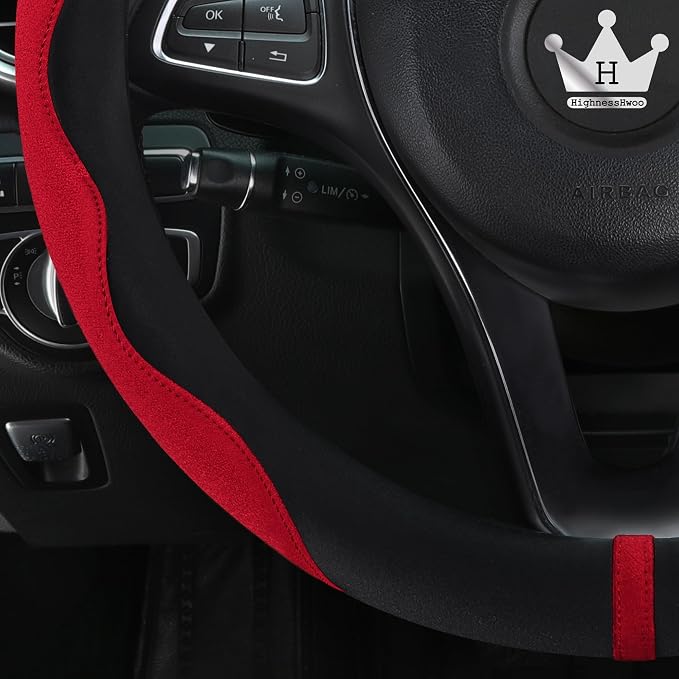 HighnessHwoo Luxury Suede Steering Wheel Cover for Cars, Soft Leather Padded Wheels Cover for F150, Trucks, Jeep, Van, Auto Thin Large Car Handle Cover, Universal Fit, Anti Slip, 15.2-16in, Red