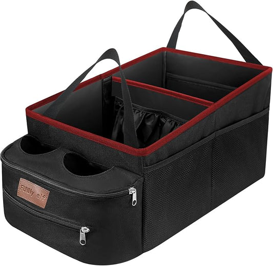FUNNy elf Car Seat Organizer - Passenger Seat Organizer, Collapsible Car Storage with Partitions & 4 Cup Holders for Front Seat or Back Seat (Red)