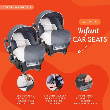 Baby Trend 2-Pack Infant Car Seat & Base with 5-Point Safety Harness, 4-Position Height Adjustment & Push-Button Release, Ally 35, Magnolia - Convertible Travel System & Support for Babies & Toddlers