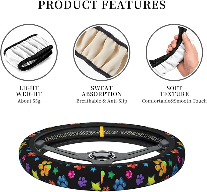 Paw Print Steering Wheel Cover for Women, Universal Auto Steering Wheel 14-15 Inch Car Interior Accessories with 2PCS Car Coasters, Suitable for Men and Women
