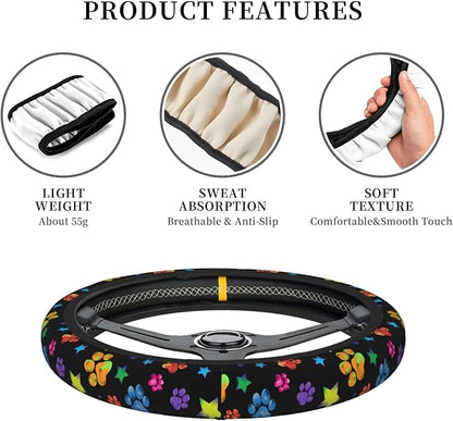 Paw Print Steering Wheel Cover for Women, Universal Auto Steering Wheel 14-15 Inch Car Interior Accessories with 2PCS Car Coasters, Suitable for Men and Women