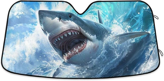 Windshield Sun Shade Cute Shark Blue Ocean Wave Front Window Block UV Shades Visor Reflective Retractable for Car SUV Trucks