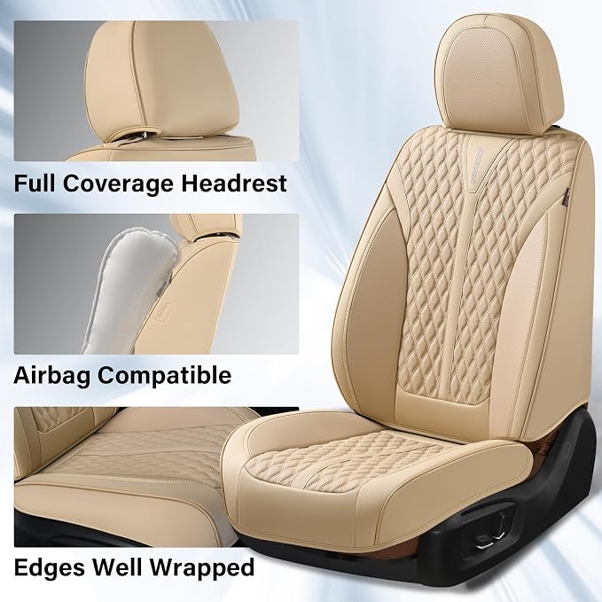 Coverado Car Seat Covers Full Set, Waterproof Nappa Leather Seat Covers for Cars, Front and Back Car Seat Protector, Luxury Car Seat Covers, 5 Seats Universal Beige Car Seat Cover Fit for Most Cars