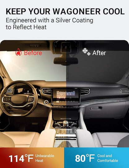 Proadsy 2026 Upgrade Windshield Sun Shade Custom Fit Jeep Wagoneer 2022-2025 2026 4-Layer Foldable Front Sunshade Protector Sun Visor Blocks UV Rays Keep Car Cooler Accessories
