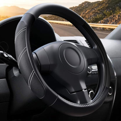 Black Line Punching Car Steering Wheel Cover, Microfiber Leather Sports, 14.5-15 in Universal Leather Wheel Covers, Breathable Fashion Anti-Slip, Steering Wheels Accessories for Men Women