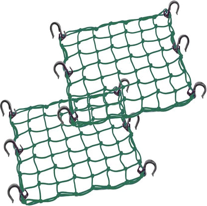 Small Cargo Net 15"x15" Stretches to 30"x30" with Thicken Hooks | Natural Latex Core, Tight 2”x2” Mesh Heavy Duty Bungee Net for Motorcycle Helmet, Bike, ATV, UTV, Luggage (Army Green, 2 Pack)