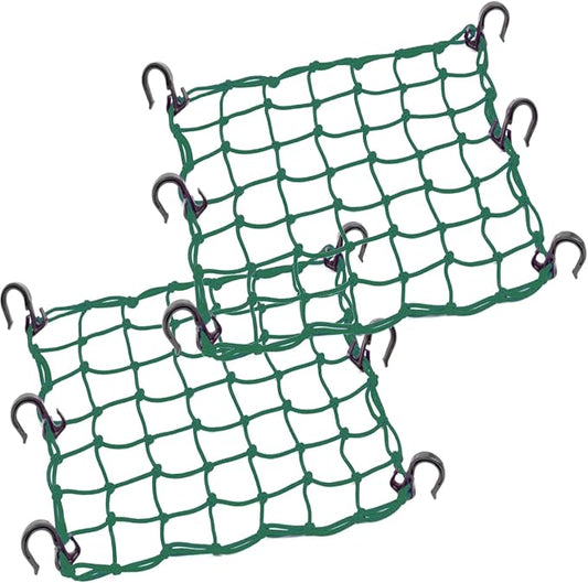 Small Cargo Net 15"x15" Stretches to 30"x30" with Thicken Hooks | Natural Latex Core, Tight 2”x2” Mesh Heavy Duty Bungee Net for Motorcycle Helmet, Bike, ATV, UTV, Luggage (Army Green, 2 Pack)