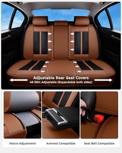 Huidasource Seat Covers Luxury Nappa Leather, Car Seat Covers Full Set with Velcro Adjustable, Airbag, Lumbar Support, Cooling＆Heating, Brown Car Seat Cover Fit for Most Cars SUV Trucks, Brown＆Black