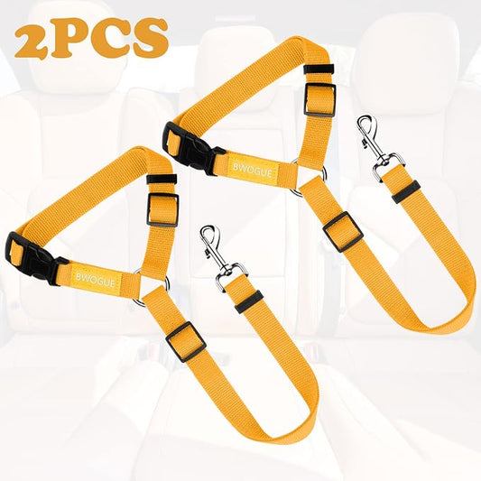 BWOGUE 2 Packs Dog Cat Safety Seat Belt Strap Car Headrest Restraint Adjustable Nylon Fabric Dog Restraints Vehicle Seatbelts Harness Yellow