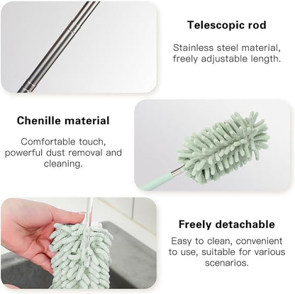 2PCS Car Interior Duster with Extension Pole, Microfiber Retractable Dusters Auto Dash Cleaning Tool, Soft Chenille Hand Washable Dusters for Vehicle Window Office Furniture (Light Green)