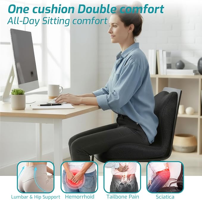 Memory Foam Seat Cushion,Office Chair Cushion with Lumbar Support for Back Pressure Relief, Car Seat Cushion with Adjustable Strap,Sciatica Pad Cushions for Car,Truck, Desk (D-black+mesh Cloth)