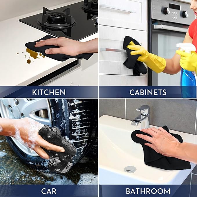 GLIMGLINT Black Microfiber Cleaning Cloth,150PK Reusable Cleaning Rags,Highly Absorbent Shop Rags Bulk,All-Purpose Car Cleaning Towels for TV Screen, Kitchen, Bathroom, Restaurant, Garage, 14"X12"
