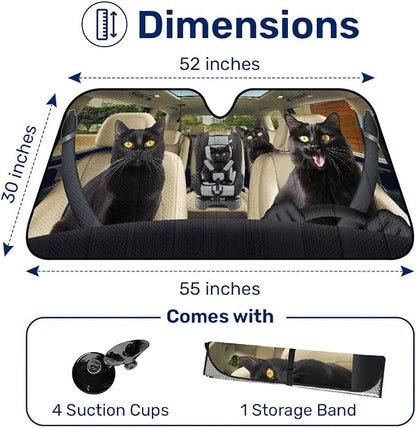 GENANY Black Cat Windshield Cover for Car SUV Truck (55x30 Inches), Foldable Heat Shield, Shades for Front Windows, Protector Blocks UV, Car Decor