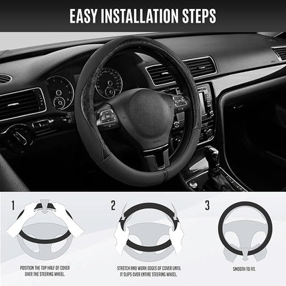 PIC AUTO Steering Wheel Cover, Black Patterned Leather Patchwork Design, Universal Fit 14.5"–15.5", Anti-Slip, Odor-Free, Soft PU Grain Leather, Durable Grip Car Accessory for Girls & Women
