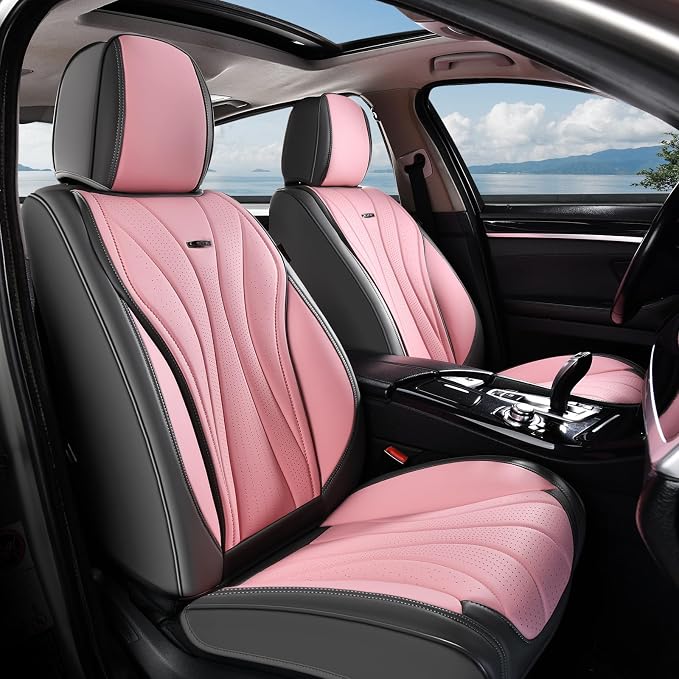Coverado Front Seat Covers, 2 Pack Leather Seat Cover for Cars, Waterproof Seat Covers, Front Seat Car Seat Protectors, Driver Car Seat Cushions Universal Fit for Most Vehicles, Gray&Pink