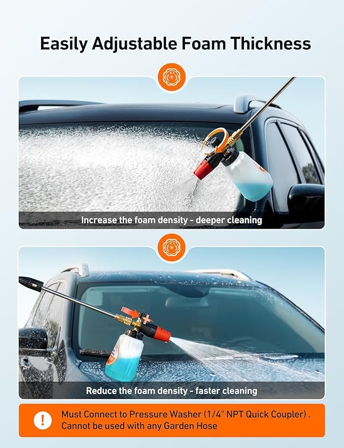AstroAI Foam Cannon, Heavy Duty Car Foam Sprayer Attachments, Wide Neck Adjustable Snow Foam Lance and Thick Foam for Pressure Washer Car Wash, 1/4" Quick Connector, 1L Bottle & 5 Nozzle Tips