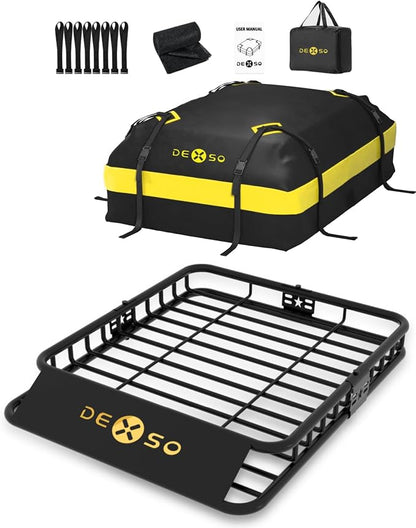 46" x 36" Universal Roof Rack Basket, 200 Lbs Capacity Rooftop Cargo Carrier Basket with 15 Cubic Feet (44" x 34" x 17") Waterproof Luggage Bag, for Suvs, Trucks, Vehiclesor Suvs, Trucks, Vehicles