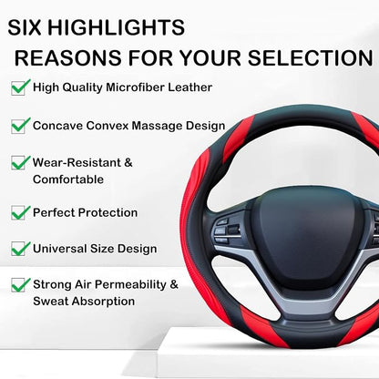 Concave Convex Massage Black Red Microfiber Leather Steering Wheel Cover, 14.5-15 Inch Non-Slip Breathable Microfiber Car Steering Wheel Protector