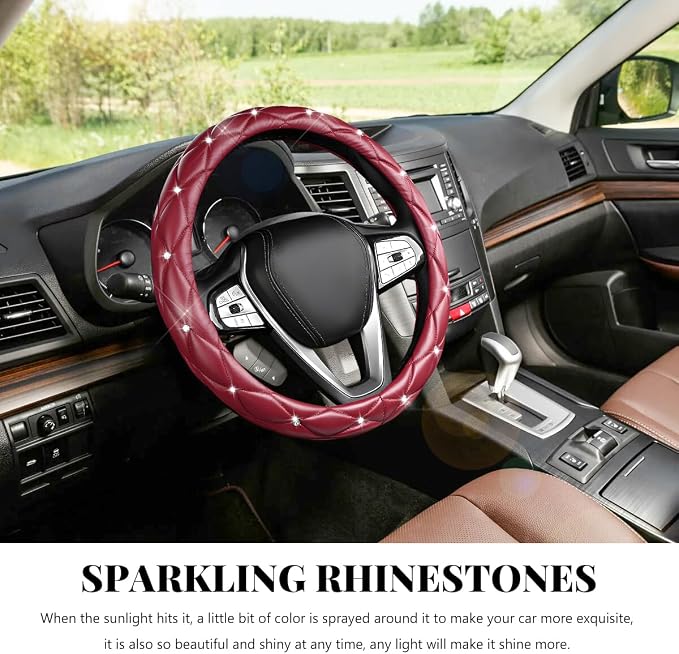 Bling Car Steering Wheel Cover, 15 Inch Diamond Leather Anti-Slip Auto Steering Wheel Protector, Cute Sparkly Rhinestones Wheels Cover Automotive Decoration for Women Girl (Wine Red)