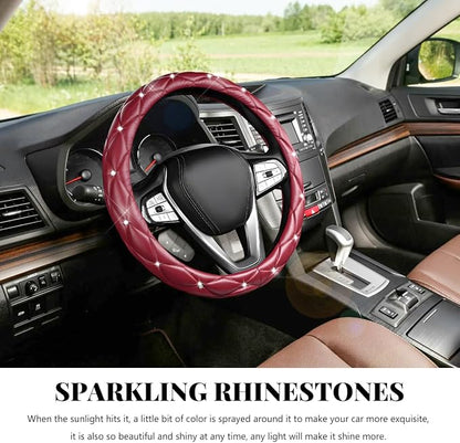 Bling Car Steering Wheel Cover, 15 Inch Diamond Leather Anti-Slip Auto Steering Wheel Protector, Cute Sparkly Rhinestones Wheels Cover Automotive Decoration for Women Girl (Wine Red)