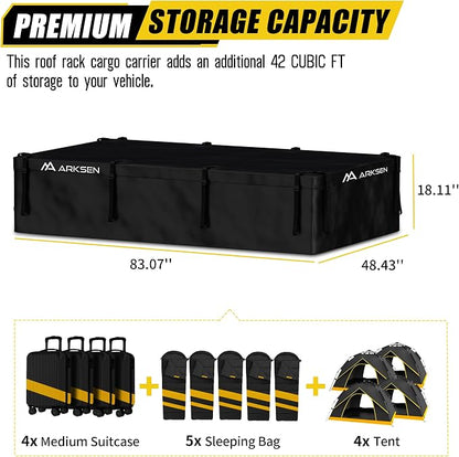 ARKSEN Extra-Wide 42 Cubic Feet Waterproof Rooftop Cargo Carrier Bag Heavy Duty Car Roof Rack Bag for Full-Size Cars w/ 8 Door Hook Straps +1 Combination Lock, 12 Reinforced Straps & Anti-Slip Mat