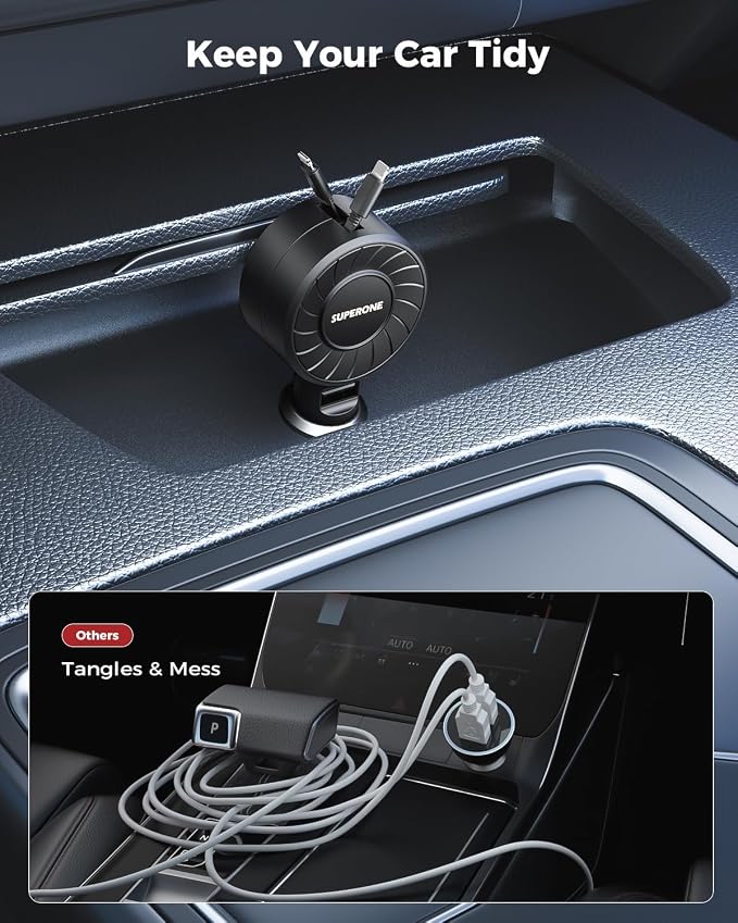 SUPERONE Retractable Car Charger, Small iPhone Car Charger Fast Charging, Car Phone Charger with USB C and Apple Cord, Car Charger Adapter Compatible with iPhone 17/16/15/14/13 Samsung Galaxy and More
