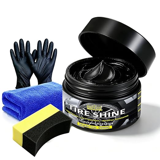 Tire Shine Gel & Wheel Cleaning Wax with Applicator Sponge, Long-Lasting Tire Dressing for Deep Black Wet Gloss Finish, UV Protection for Cars, Trucks, Motorcycles & RVs, 7oz/200g