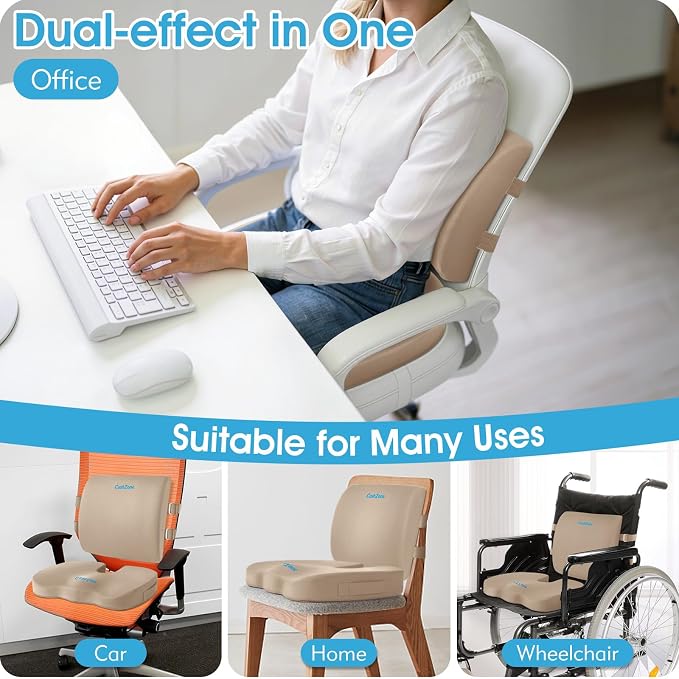 CushZone Ergonomic Seat Cushion & Lumbar Support Pillow - Memory Foam for Sciatica Pain Relief & Posture Correction, Non-Slip Chair Cushions for Office Chair/Car/Wheelchair/Travel, Khaki