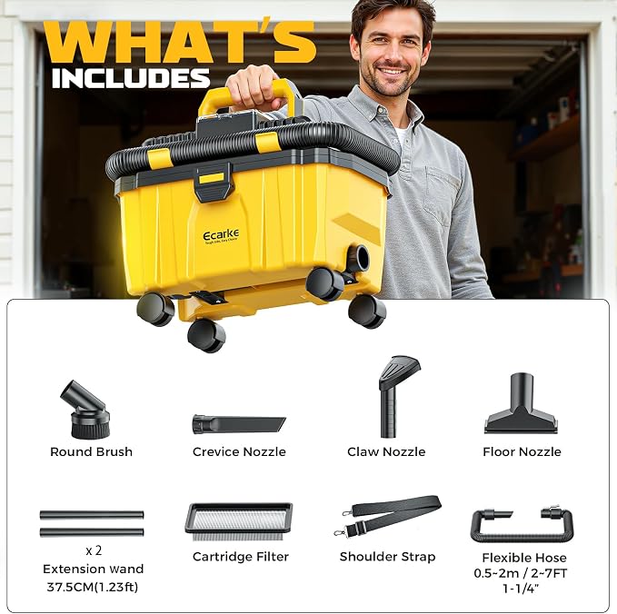Ecarke 2.5 Gal Cordless Wet Dry Vacuum Compatible with DeWalt 20V Battery, 3-in-1 Shop Vac with Washable HEPA & Brushless Motor, 15KPa Suction, 4 Attachments for Garage Car Workshop (Tool Only)