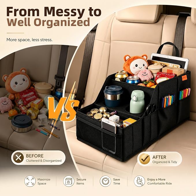 Car Seat Organizer Backseat and Passenger Seat Organizer with 9 Compartments 2 Cup Holders Car Organizer Front Seat Storage for Travel Kids，Black