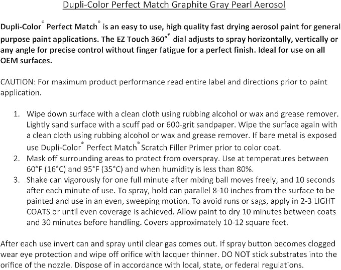 Dupli-Color EBTY16007 Perfect Match Automotive Spray Paint – Toyota Graphite Gray Pearl, 1C6 – 8 oz. Aerosol Can