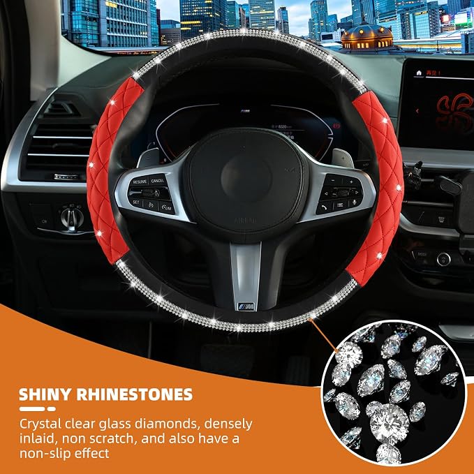 Diamond Steering Wheel Cover ，with Bling Crystal Rhinestone,Delicate and Anti-Slip Sparkly Sedan Steering Wheel Cover ，Adaptable to 14.5-15 inches Car Wheel Protector for Women Girl ，Black & Red