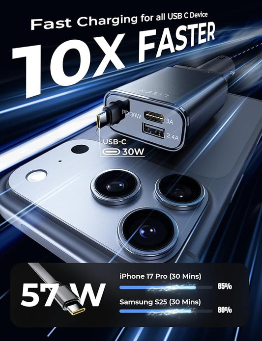 LISEN Car Charger USB C Fast Charge, [Single-Port] Retractable Car Charger USB C, RV Power Adapters for Women Men Phone Type C Charging for iPhone 17 Pro Max 16 15 Samsung S26 S25, MacBook Neo