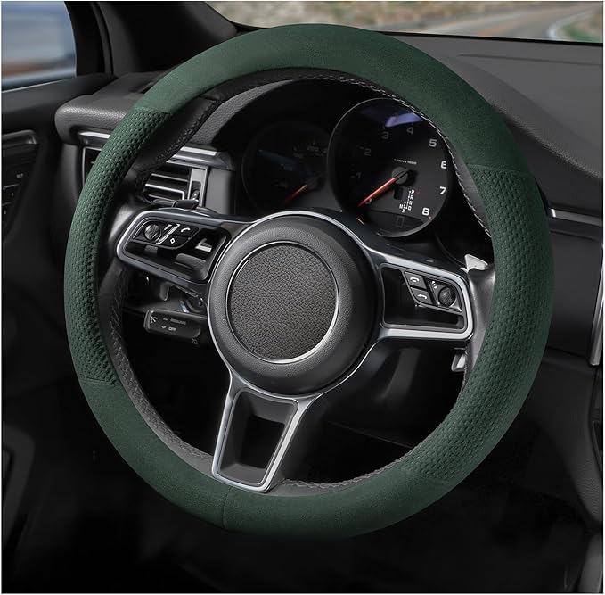 Suede Steering Wheel Cover with Upgraded Silicone Inner Ring, Breathable, Anti-Slip, Leather Universal 14.5 to 15 Inch Steering Wheel Cover (Green with Embossing Pattern)