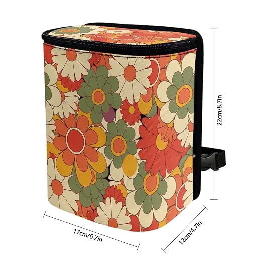 Y2K Hippie Daisy Flower Print Car Trash Can with Lid Accessories for Women Aesthetic Boho Portable Trash Bin Hanging Back of Seat Collapsible Leak Proof Multipurpose Vehicle Garbage Can