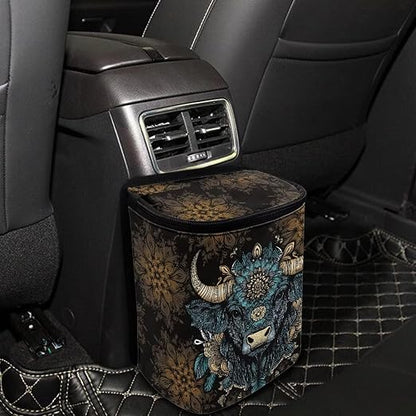 Talayituse Highland Cattle Flower Print Car Trash Bin, Large Size Auto Trash Can Adjustable Portable Garbage Can with Lid, Vehicle Hanging Bag for Headrest Front Back Seat