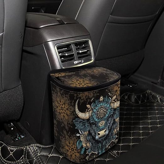 Talayituse Highland Cattle Flower Print Car Trash Bin, Large Size Auto Trash Can Adjustable Portable Garbage Can with Lid, Vehicle Hanging Bag for Headrest Front Back Seat