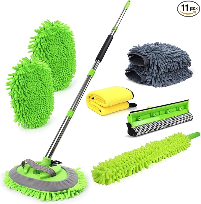 62'' Car Wash Brush with Long Handle Car Wash Mop Mitt Chenille Car Cleaning Kits Windshield Window Squeegee Car Duster Microfiber Towel Gloves for Cars RV SUV Truck 11PCS
