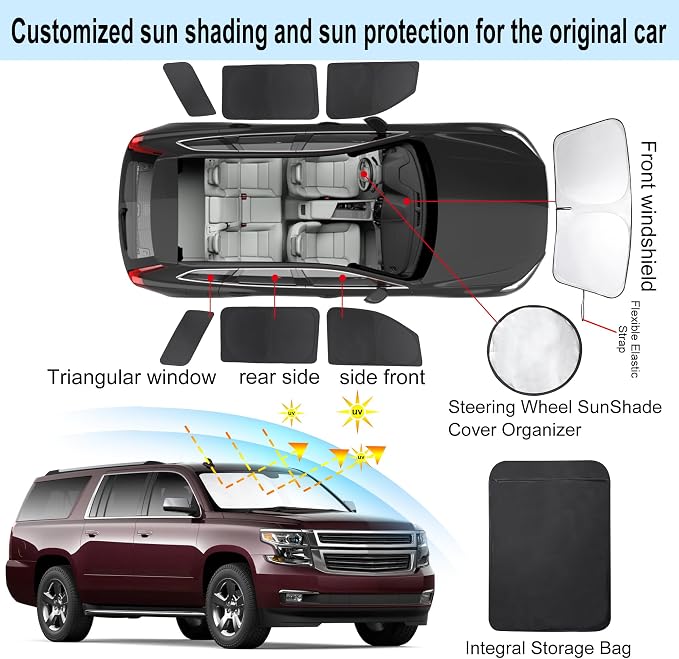 TINGLU Window Shades for Chevrolet Chevy Suburban 2015-2020 7PCS Accessories Car Side Full Windows Windshield Sun Shade Sun UV Rays & Privacy Protection for Camping Napping Relaxing