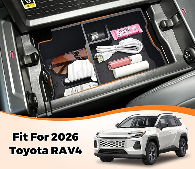 Dual Center Console Organizer for Toyota RAV4 2026+ Accessories (LE/SE/XLE/Woodland/XSE) RAV4 Console Tray Insert Organizer with Coin Holder Tissue Box Holder and Rubber Mats for Toyota RAV4 2026+