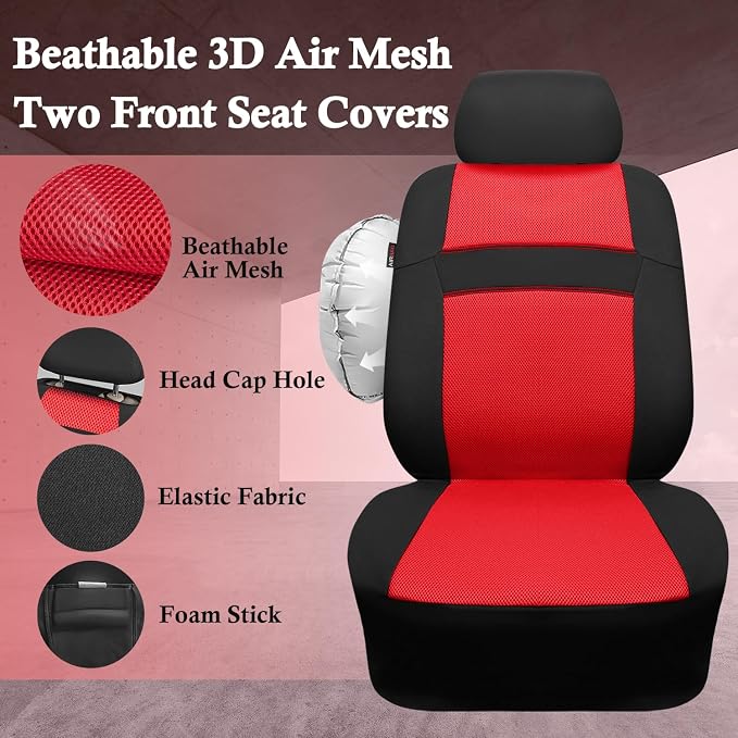 CAR PASS Car Seat Covers Front Seats Only, 3D Air Mesh Car Seat Cover with 5mm Composite Sponge Inside,Airbag Compatible Universal Fit for SUV,Vans,sedans, Trucks, Automotive Interior Covers(Black Red