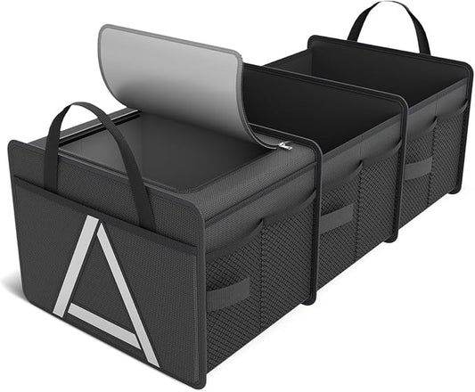 K KNODEL Sturdy Car Trunk Organizer with Premium Insulation Cooler Bag, 3 Compartments Heavy Duty Collapsible for Car, SUV, Truck, or Van (Medium, Black)