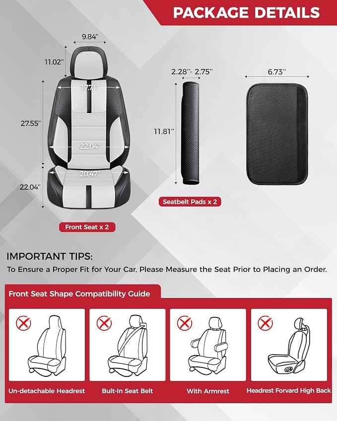 FREESOO Universal Front Seat Covers, Waterproof Faux Leather Automotive Seat Covers with Carbon Fiber Texture Seat Belt Pads, Anti-Slip Airbag Compatible Car Seat Protectors for Cars SUVs Trucks