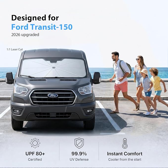 2026 Upgraded Windshield Sun Shade Umbrella for Ford-Transit-150 [Precision Custom Fit, Superior UV & Heat Block] Cooling Tech Fabric, Durable Foldable with Storage Bag, Fits 2015-2025