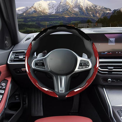 Car Steering Wheel Cover Set Bright Carbon Fiber Wrap Non-Slip 3pcs Steering Wheel Accessories 14.5-15 inch Universal (Black Red)
