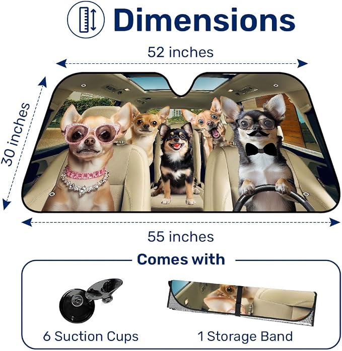 GENANY Chihuahua Windshield Cover for Car SUV Truck (55x30 Inches), Foldable Heat Shield, Shades for Front Windows, Protector Blocks UV, Car Decor