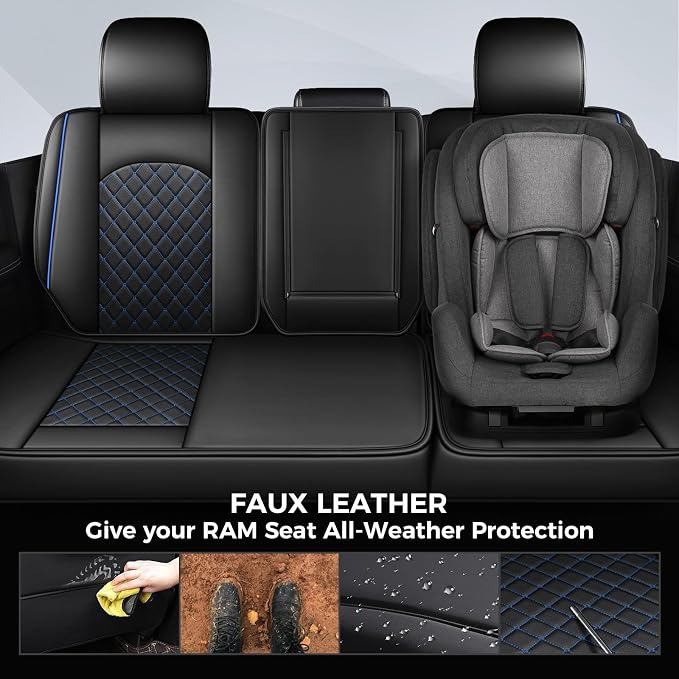 FREESOO Seat Covers for Dodge Ram 2019-2026 Ram 1500 Crew Quad Regular Cab 2011-2026 2500 3500 Mega Cab Bighorn Longhorn Laramie Tradesman, with Flat Bench, Black Blue